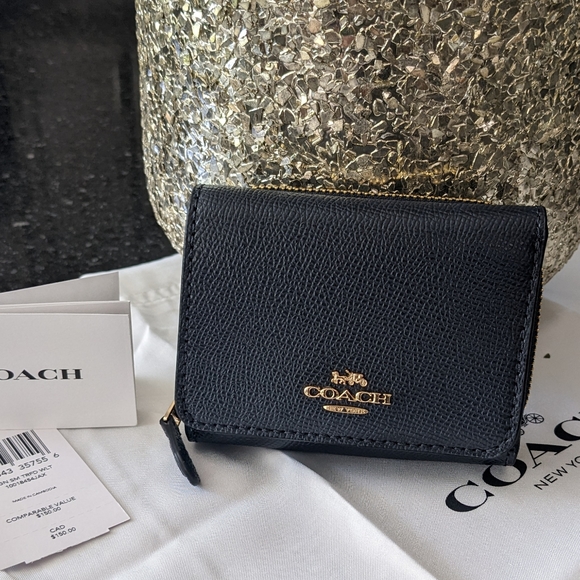 COACH WALLET SMALL TRIFOLD CROSSGRAIN MIDNIGHT BLUE LEATHER WITH COIN POCKET NEW - Picture 1 of 7